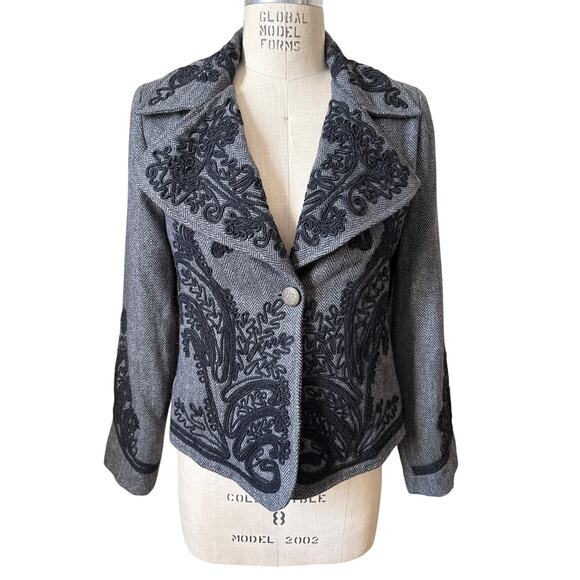 Soft Surroundings Wool Blend Jacket Gray Herringbone Embroidered Size Small - Picture 1 of 7